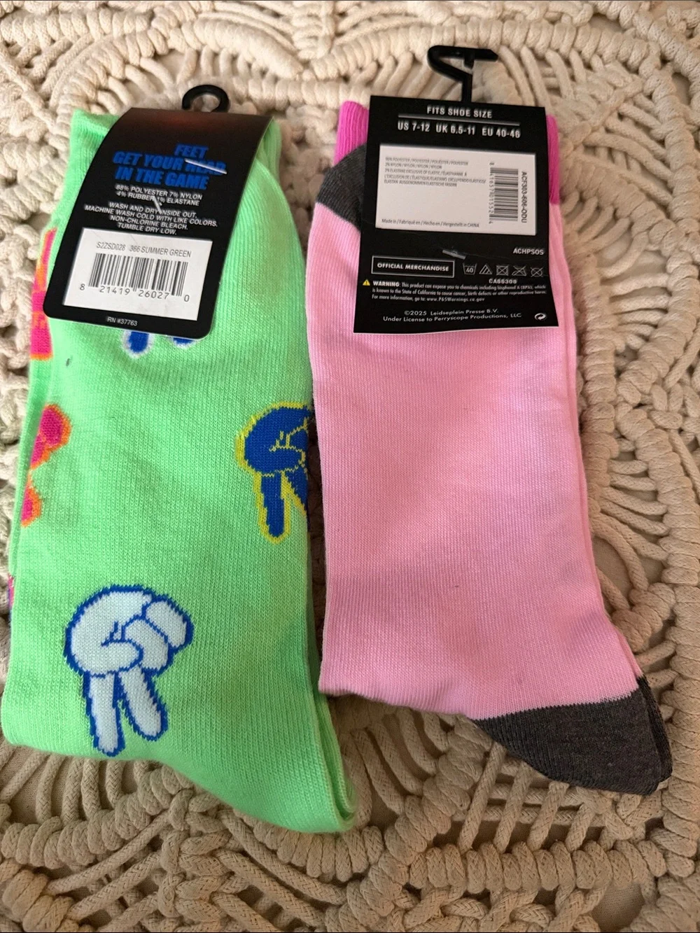 Two-Pack Crew Socks - Green Peace Sign & Pink AC/DC